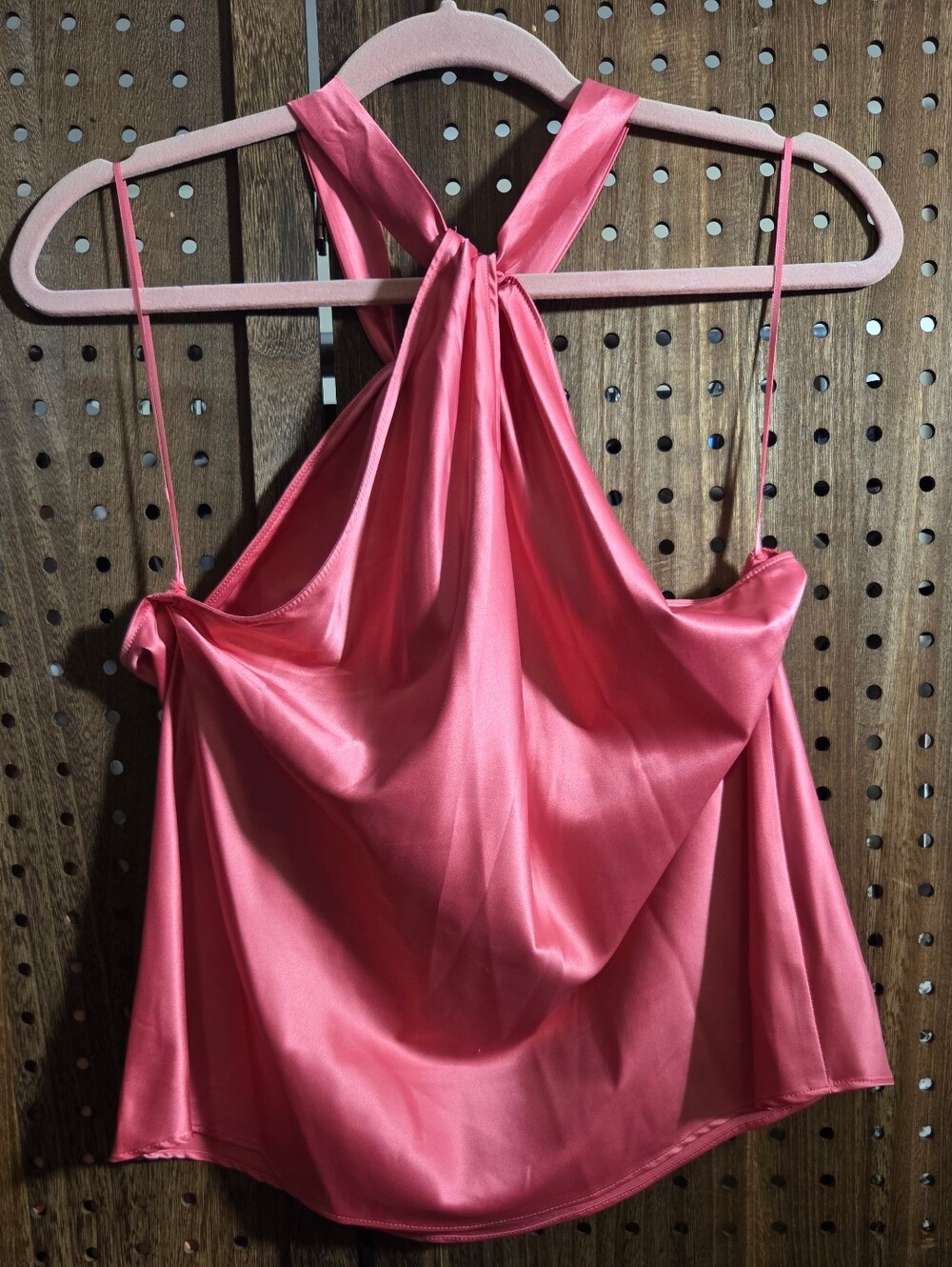 NWT AQUA coral satin halter top featuring a twisted neck design.